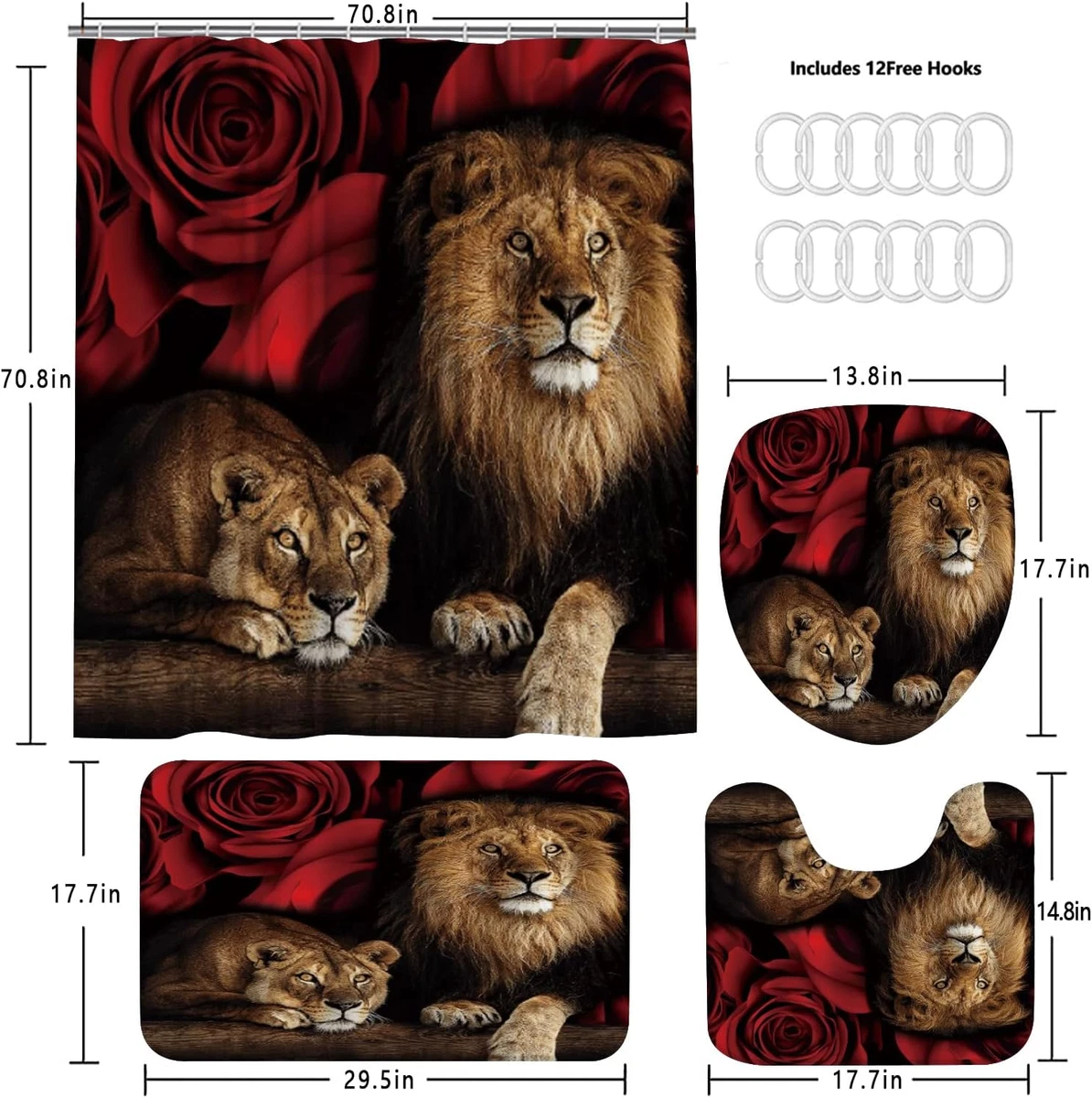 4PCS Red Rose and Lion Shower Curtain Bathroom Set with Rugs, Toilet Lid Cover a