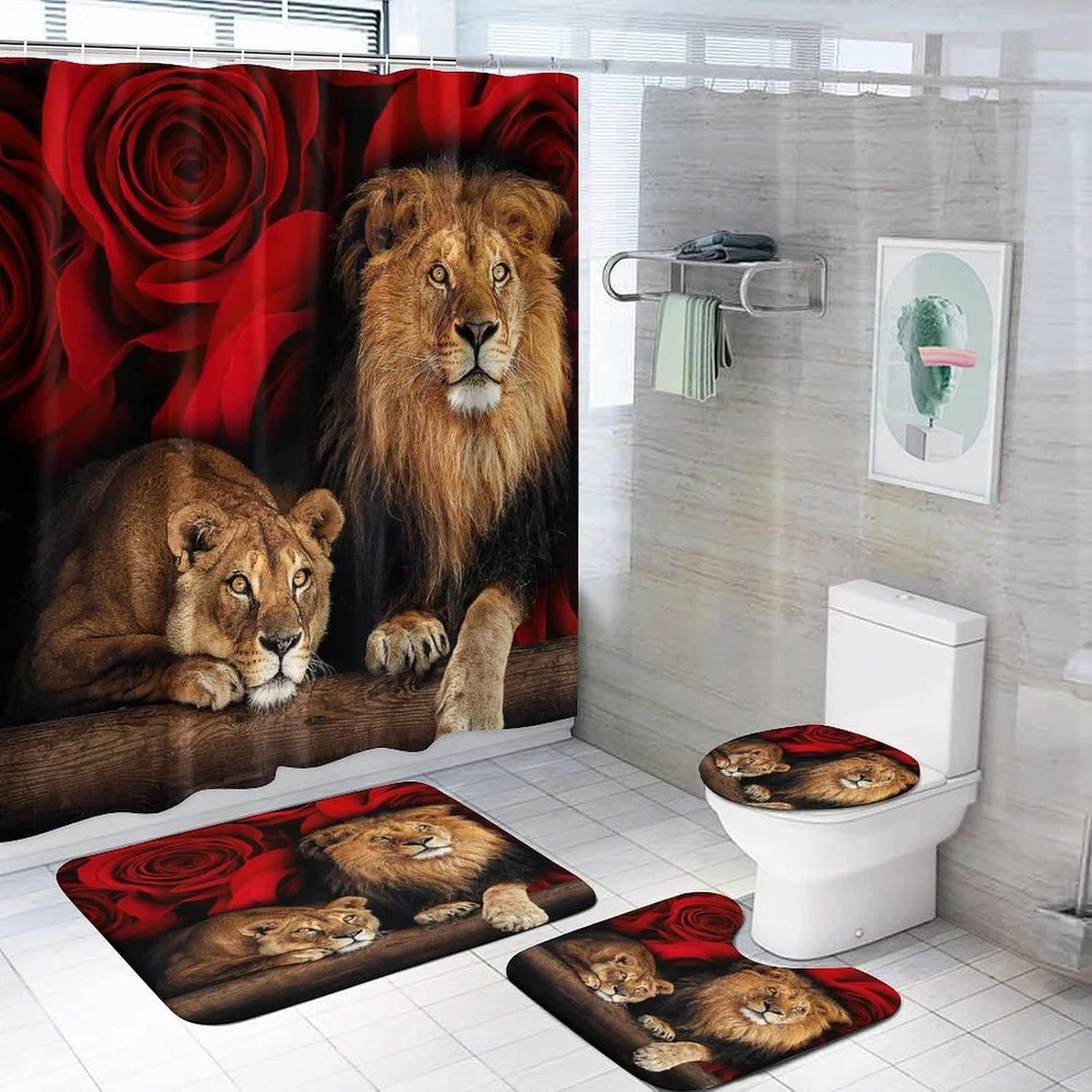 4PCS Red Rose and Lion Shower Curtain Bathroom Set with Rugs, Toilet Lid Cover