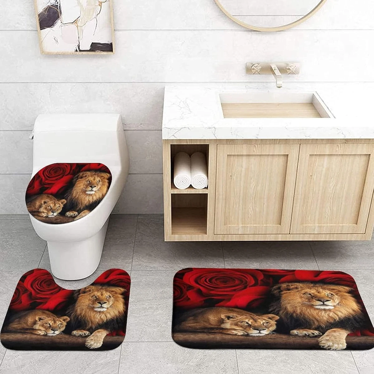 4PCS Red Rose and Lion Shower Curtain Bathroom Set with Rugs, Toilet Lid Cover