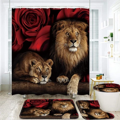 4PCS Red Rose and Lion Shower Curtain Bathroom Set with Rugs, Toilet Lid Cover