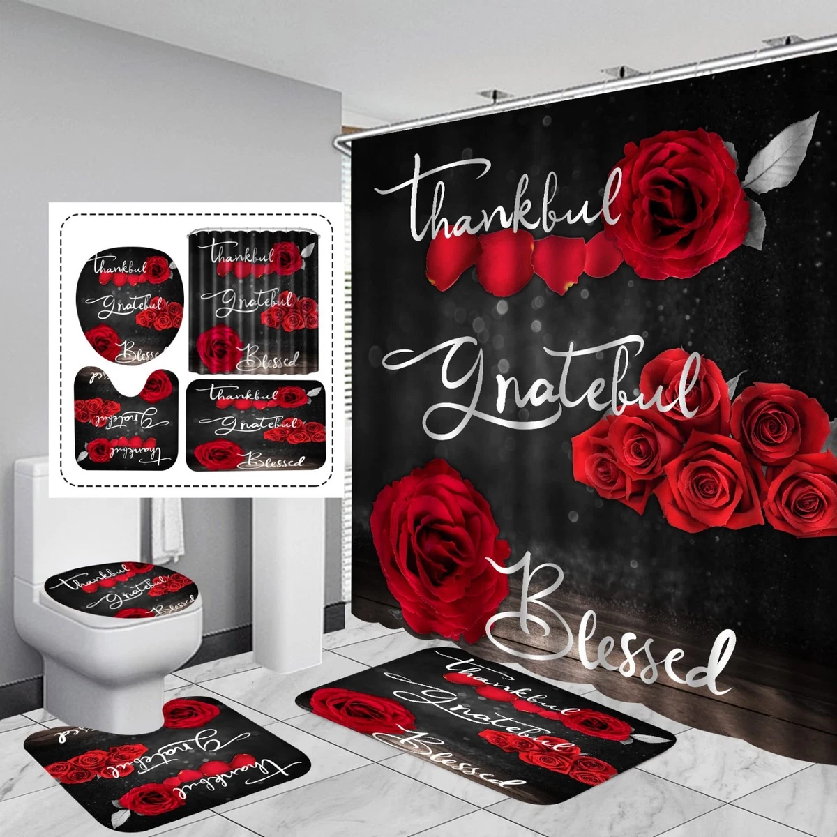 4Pcs Red Rose Shower Curtain Set, Floral Bath Decor with Rug, Lid Cover & Hooks,