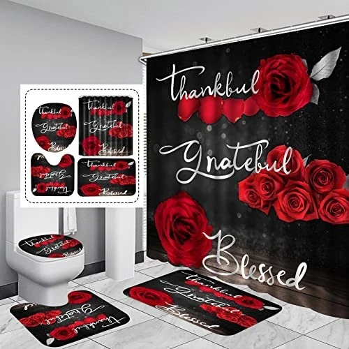4Pcs Red Rose Shower Curtain Set, Floral Bath Decor with Rug, Lid Cover & Hooks,