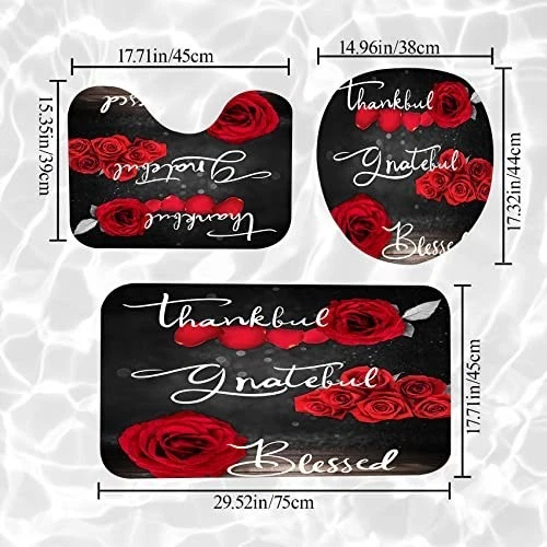 4Pcs Red Rose Shower Curtain Set, Floral Bath Decor with Rug, Lid Cover & Hooks,