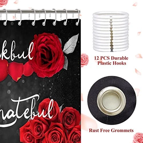 4Pcs Red Rose Shower Curtain Set, Floral Bath Decor with Rug, Lid Cover & Hooks,