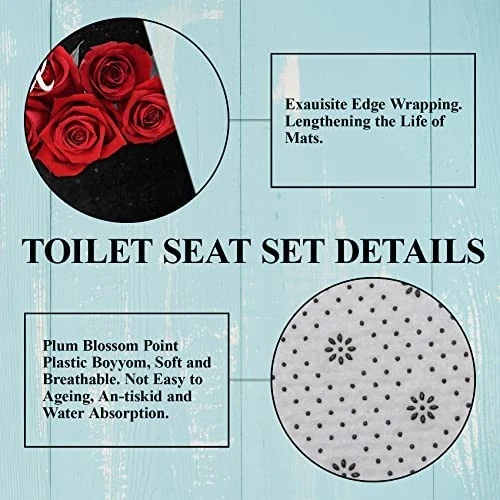 4Pcs Red Rose Shower Curtain Set, Floral Bath Decor with Rug, Lid Cover & Hooks,