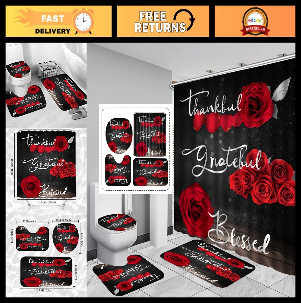 4Pcs Red Rose Shower Curtain Set, Floral Bath Decor with Rug, Lid Cover & Hooks,