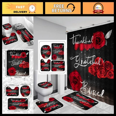 4Pcs Red Rose Shower Curtain Set, Floral Bath Decor with Rug, Lid Cover & Hooks,