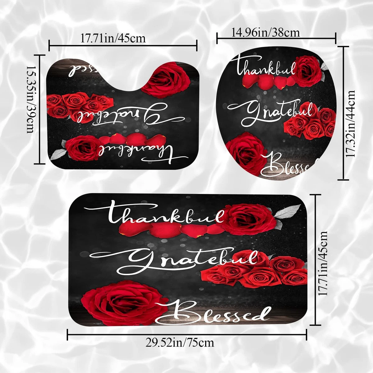 4Pcs Red Rose Shower Curtain Set with Rug, Toilet Lid Cover Hooks