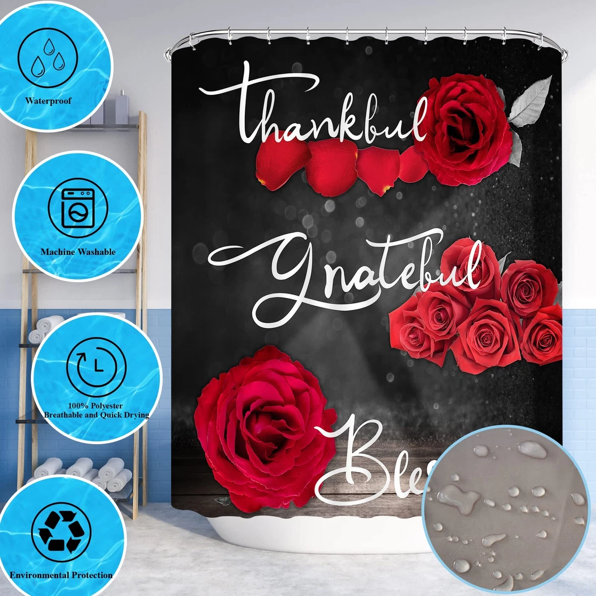 4Pcs Red Rose Shower Curtain Set with Rug, Toilet Lid Cover Hooks