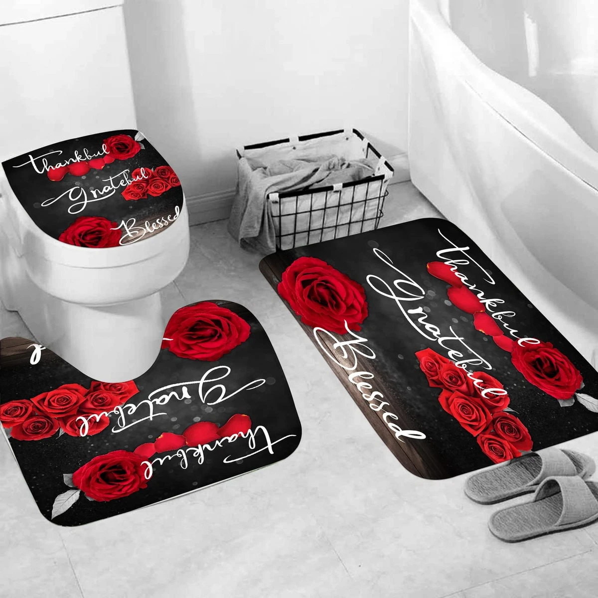 4Pcs Red Rose Shower Curtain Set with Rug, Toilet Lid Cover Hooks