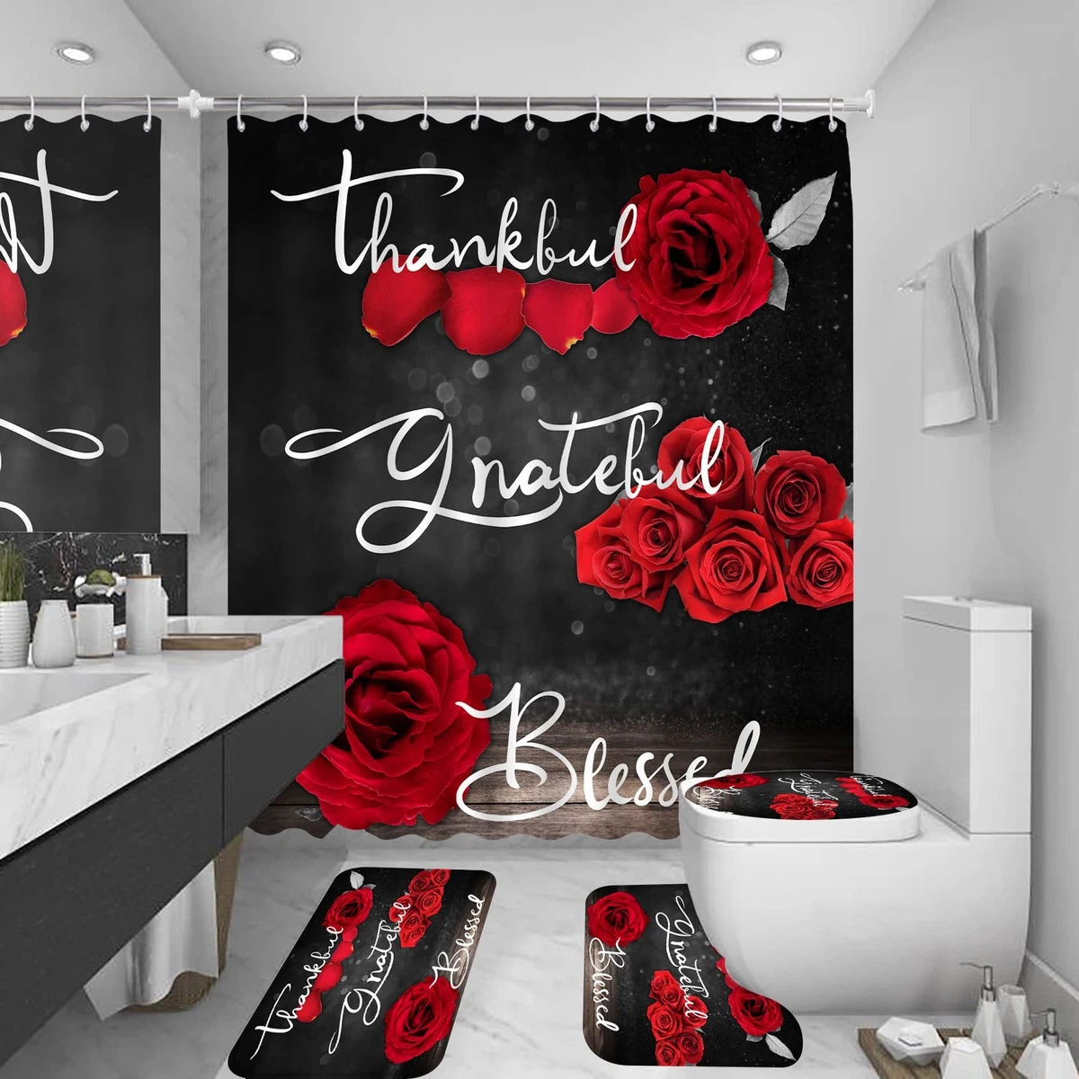 4Pcs Red Rose Shower Curtain Set with Rug, Toilet Lid Cover Hooks
