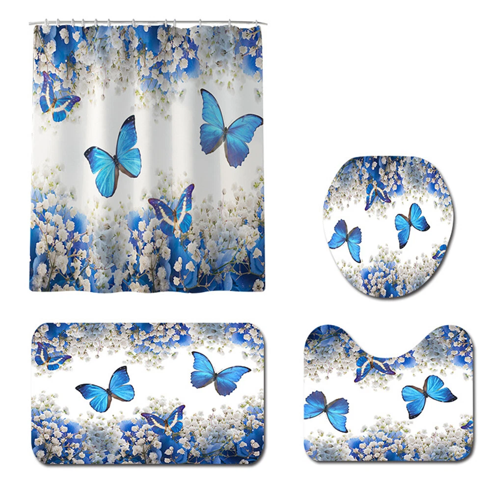 4Pcs/Set Butterfly Rose Waterproof Shower Curtain Toilet Lid Cover Bathroom Mat