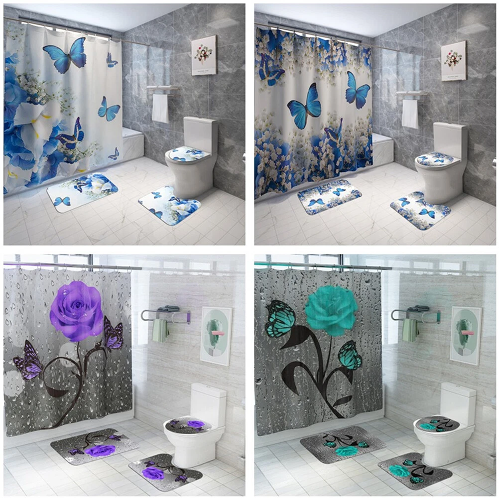 4Pcs/Set Butterfly Rose Waterproof Shower Curtain Toilet Lid Cover Bathroom Mat