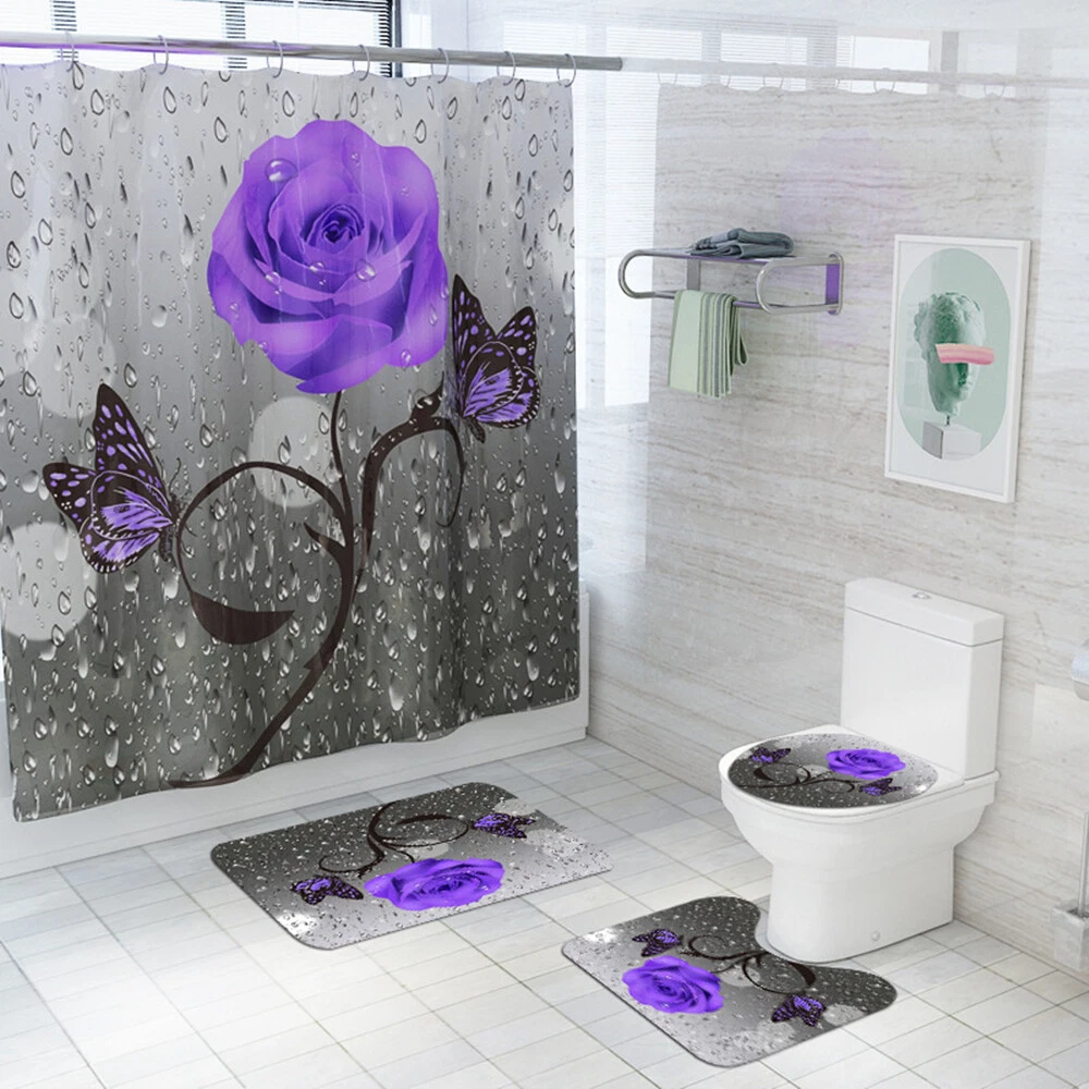 4Pcs/Set Butterfly Rose Waterproof Shower Curtain Toilet Lid Cover Bathroom Mat