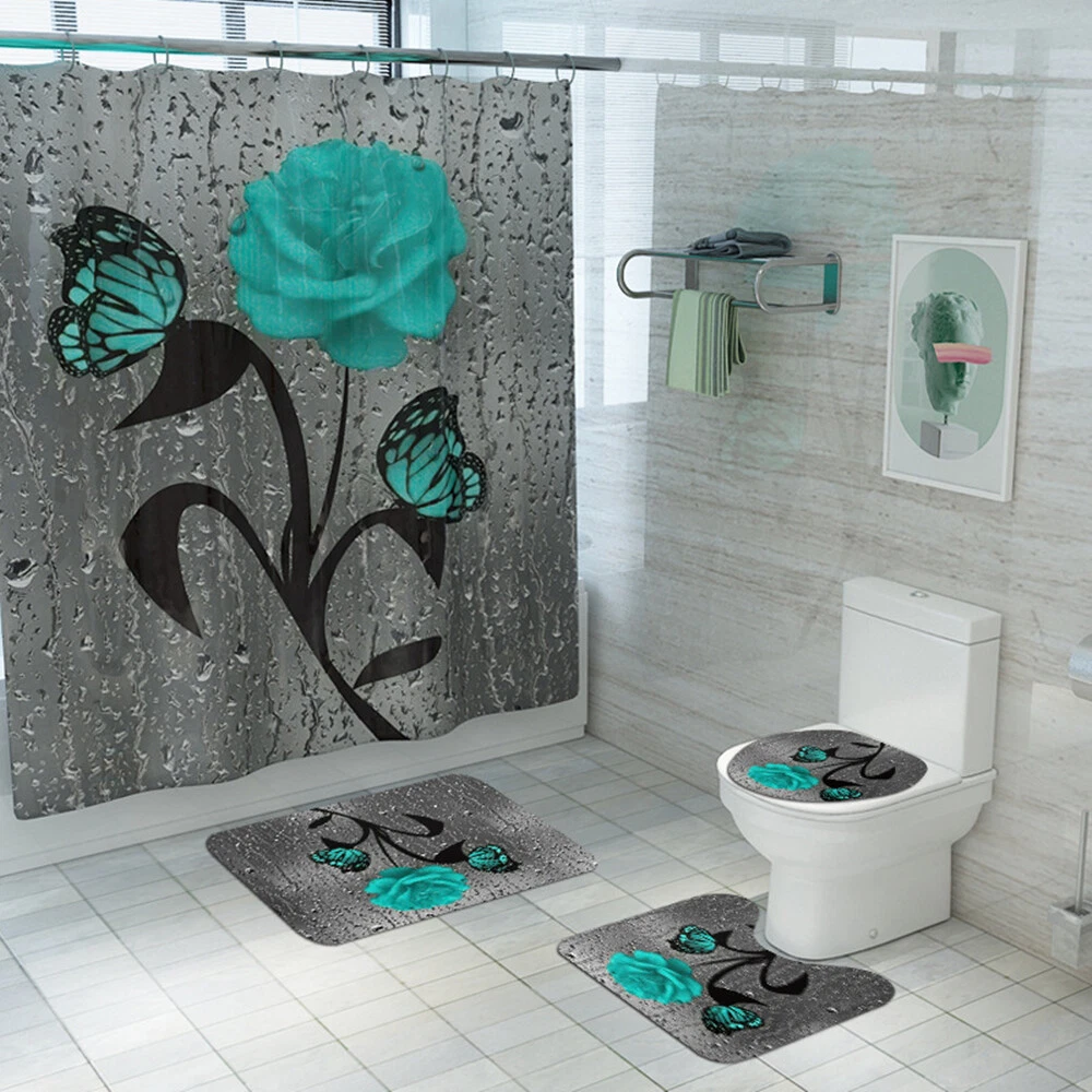 4Pcs/Set Butterfly Rose Waterproof Shower Curtain Toilet Lid Cover Bathroom Mat