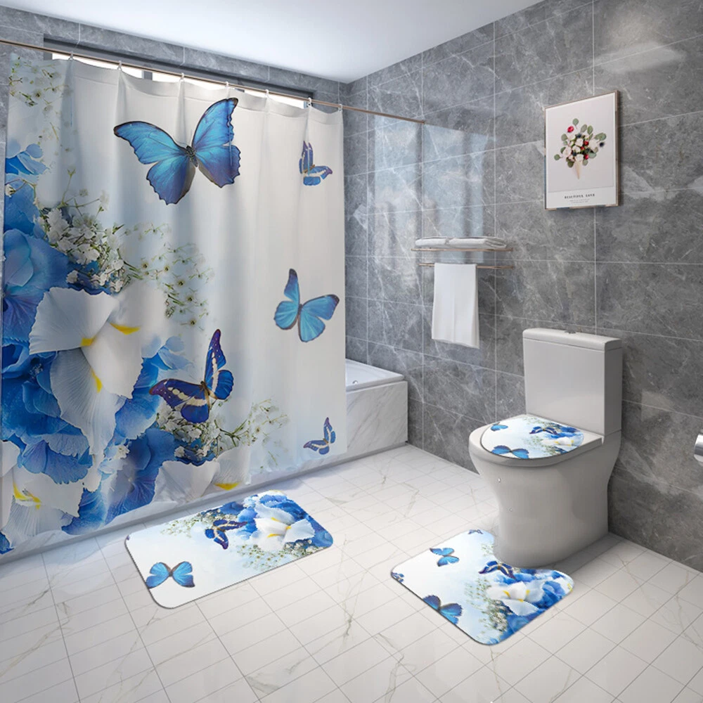 4Pcs/Set Butterfly Rose Waterproof Shower Curtain Toilet Lid Cover Bathroom Mat