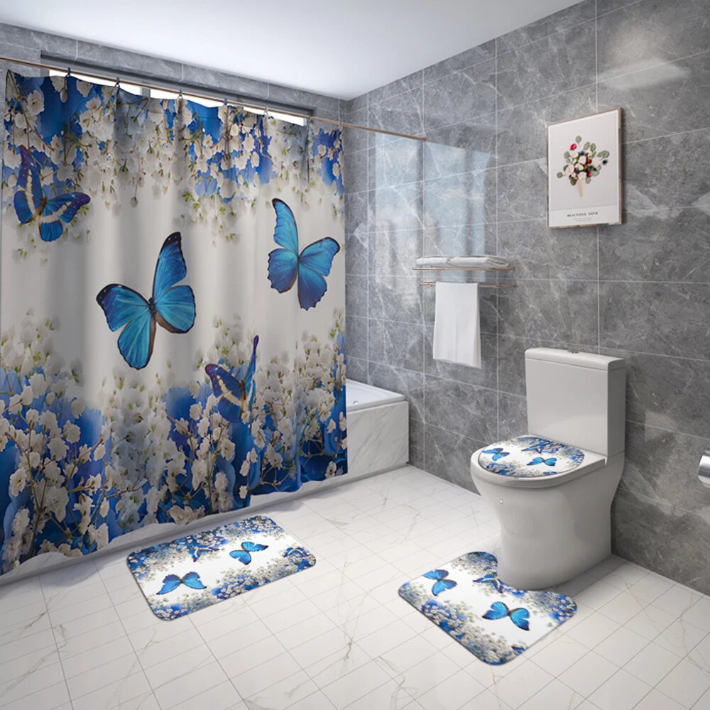 4Pcs/Set Butterfly Rose Waterproof Shower Curtain Toilet Lid Cover Bathroom Mat