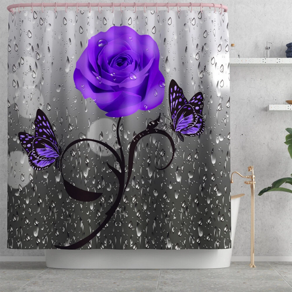 4Pcs/Set Butterfly Rose Waterproof Shower Curtain Toilet Lid Cover Bathroom Mat