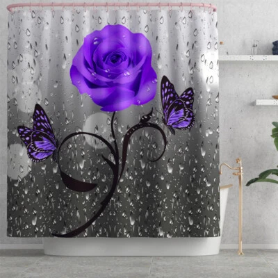 4Pcs/Set Butterfly Rose Waterproof Shower Curtain Toilet Lid Cover Bathroom Mat