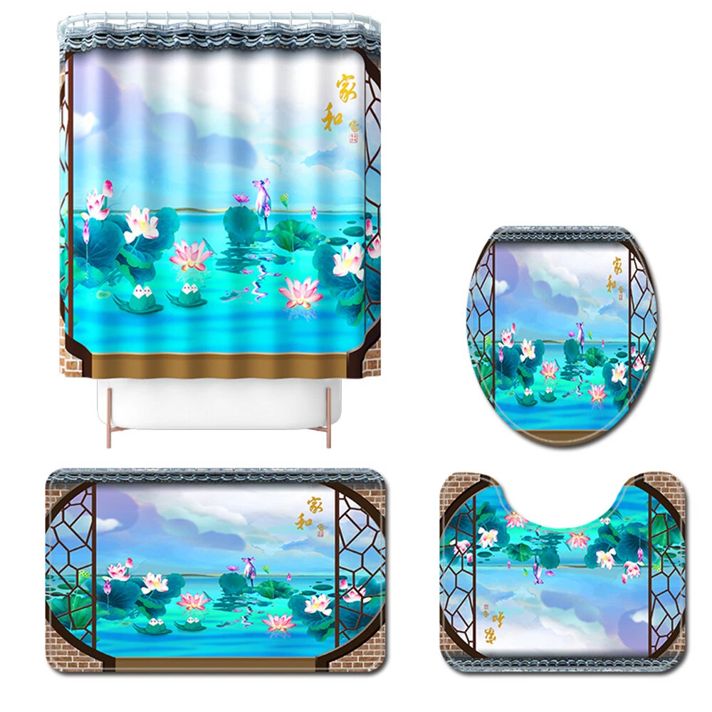 4Pcs/Set Retro Window Sill Waterproof Shower Curtain Toilet Lid Cover Bath Mat