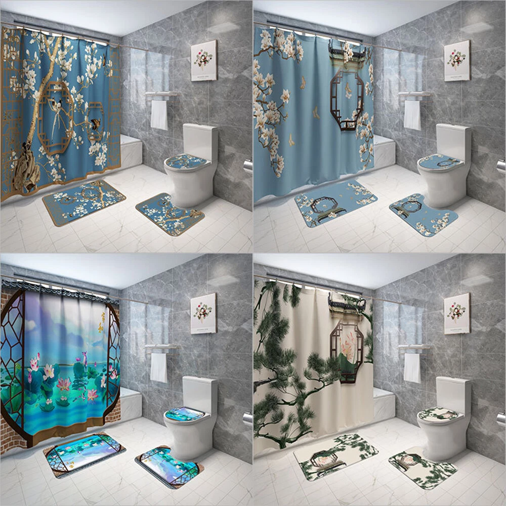 4Pcs/Set Retro Window Sill Waterproof Shower Curtain Toilet Lid Cover Bath Mat
