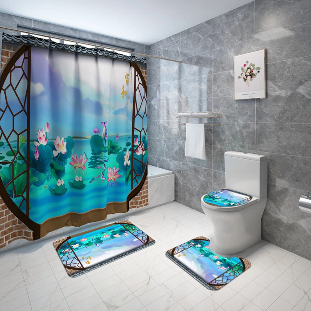 4Pcs/Set Retro Window Sill Waterproof Shower Curtain Toilet Lid Cover Bath Mat