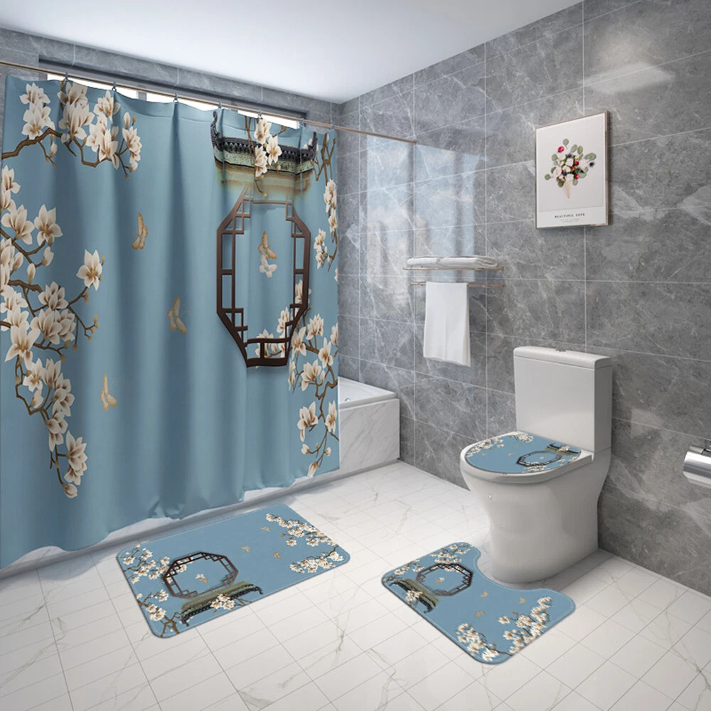 4Pcs/Set Retro Window Sill Waterproof Shower Curtain Toilet Lid Cover Bath Mat