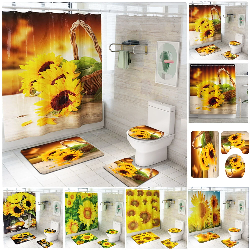 4Pcs/Set Sunflower Waterproof Shower Curtain Toilet Lid Cover Anti-Slip Bath Mat