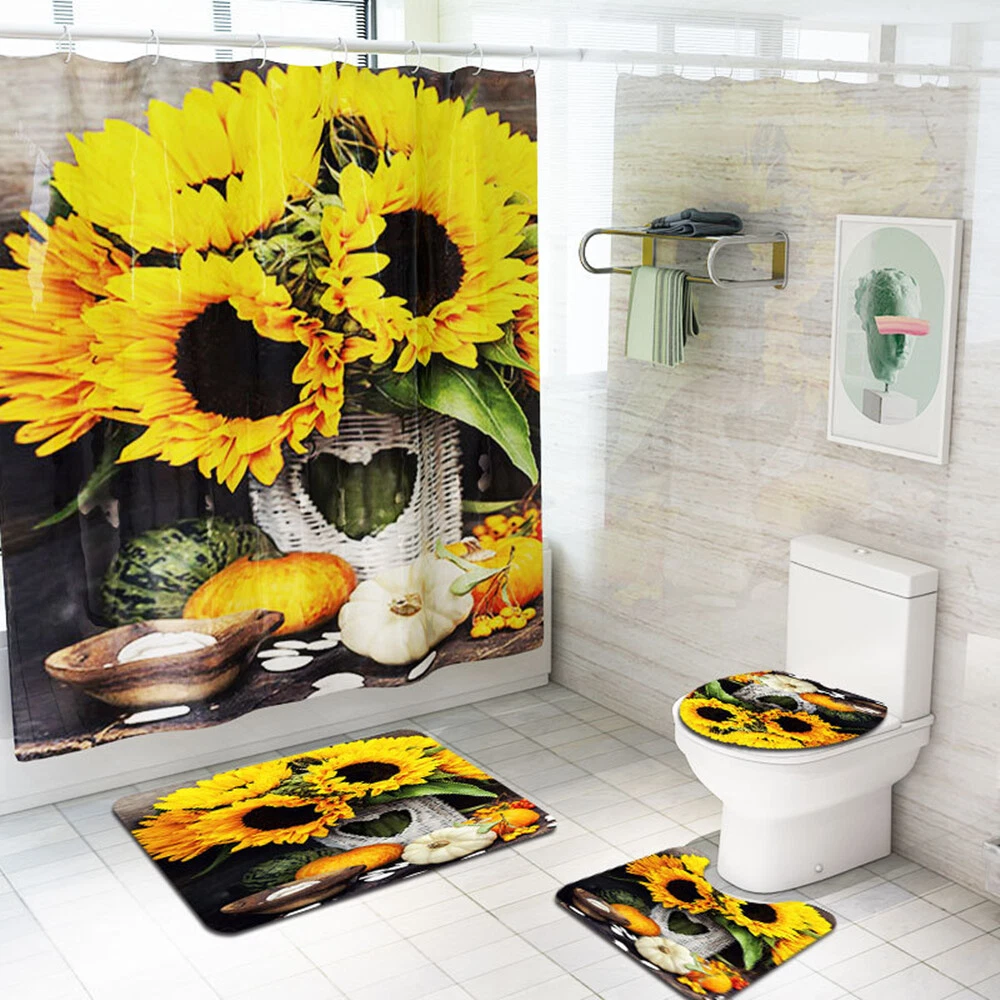 4Pcs/Set Sunflower Waterproof Shower Curtain Toilet Lid Cover Anti-Slip Bath Mat
