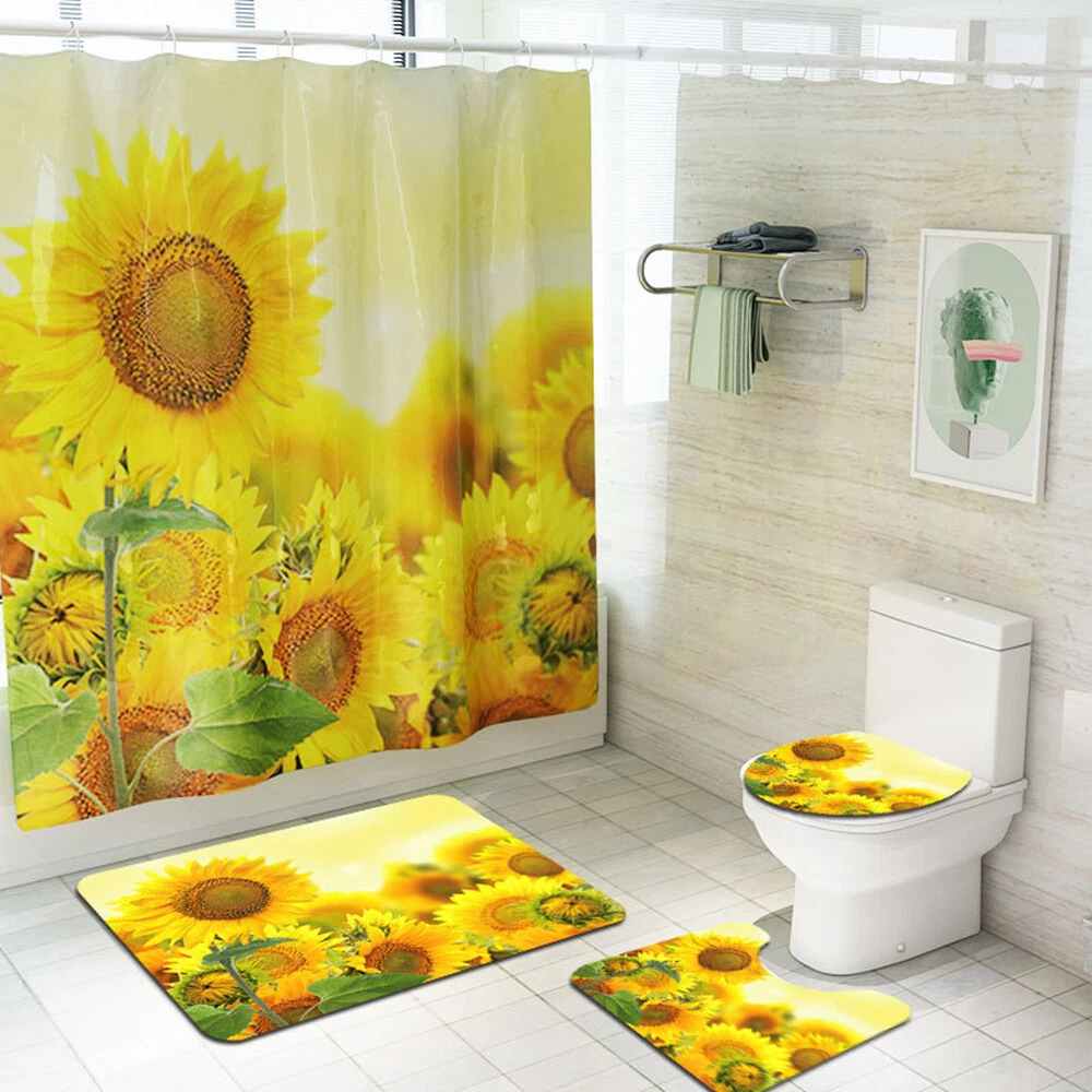4Pcs/Set Sunflower Waterproof Shower Curtain Toilet Lid Cover Anti-Slip Bath Mat