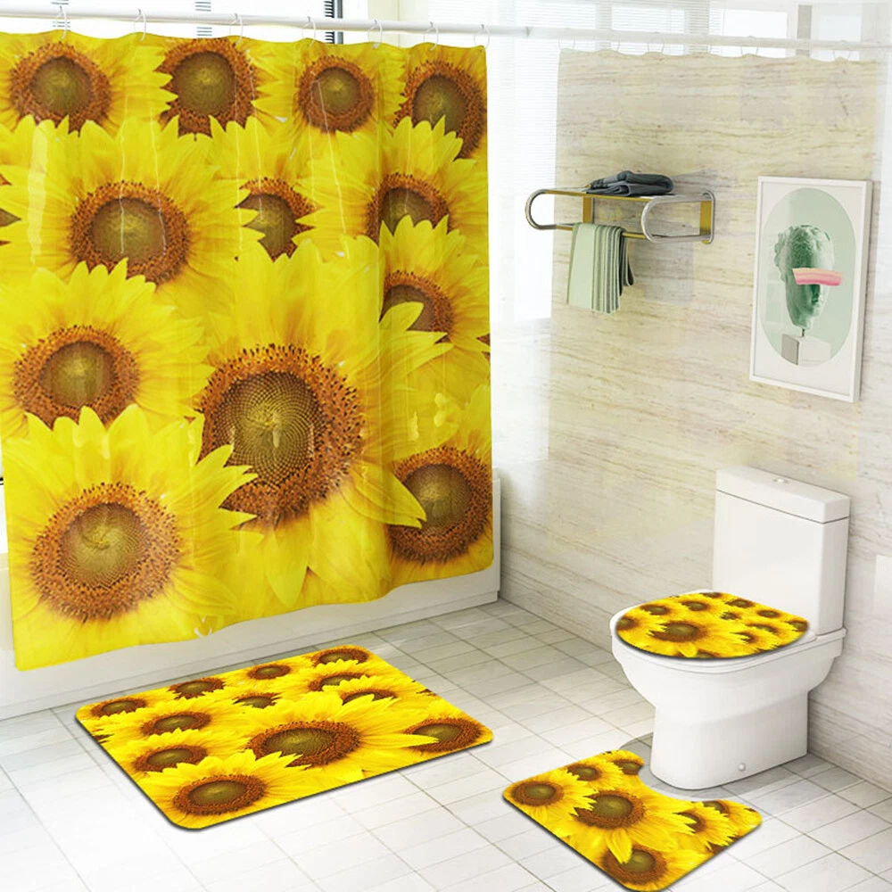 4Pcs/Set Sunflower Waterproof Shower Curtain Toilet Lid Cover Anti-Slip Bath Mat
