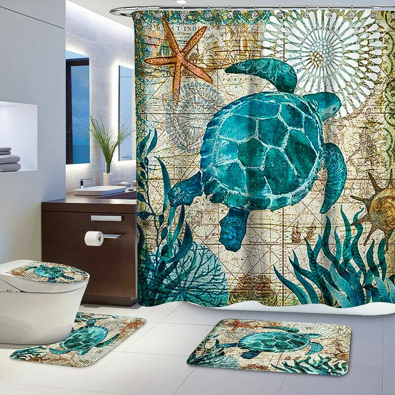 4PCS/Set Turtles Bathroom Non-Slip Shower Curtain+Rug+Lid Toilet Cover+Bath Mat