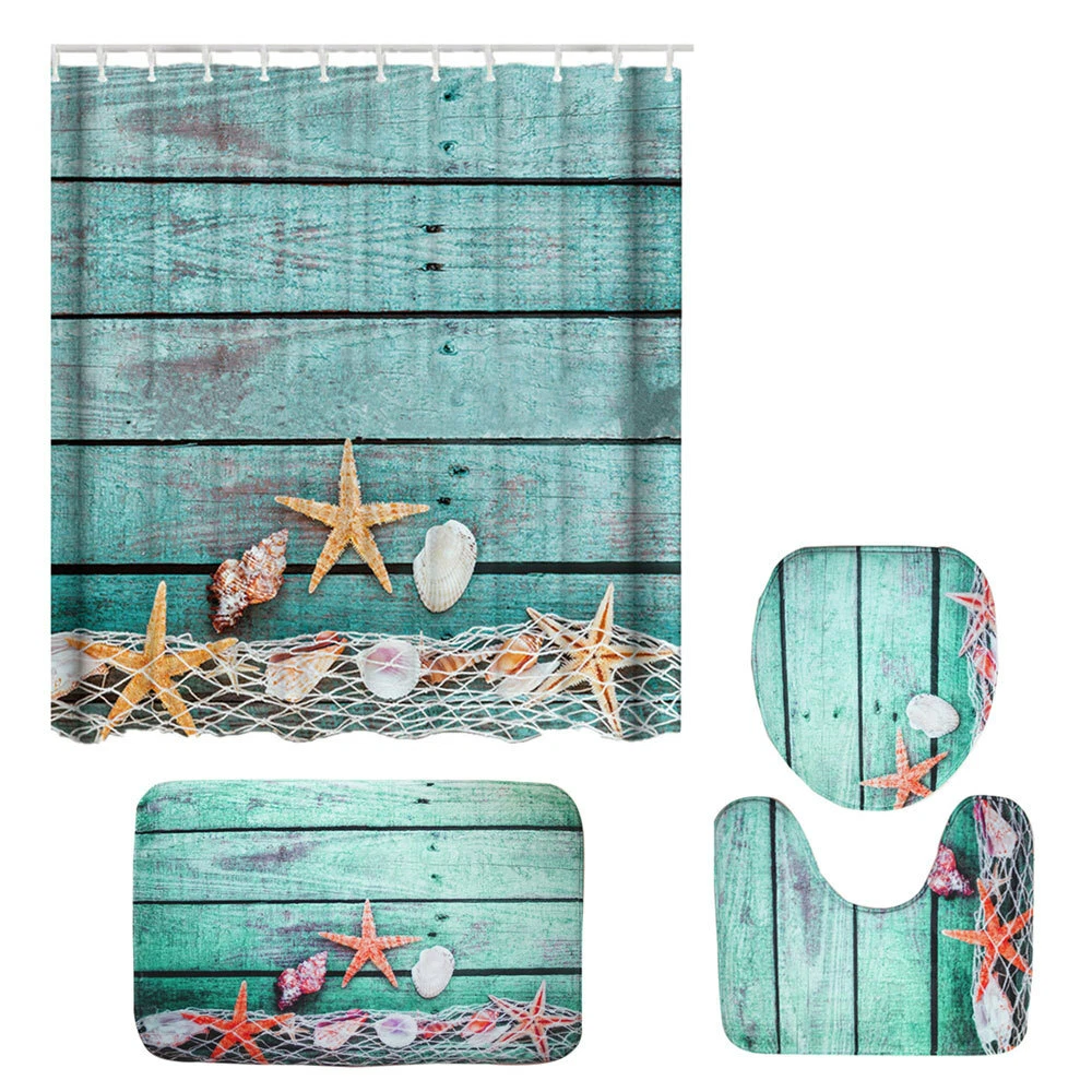 4PCS/Set Turtles Bathroom Non-Slip Shower Curtain+Rug+Lid Toilet Cover+Bath Mat