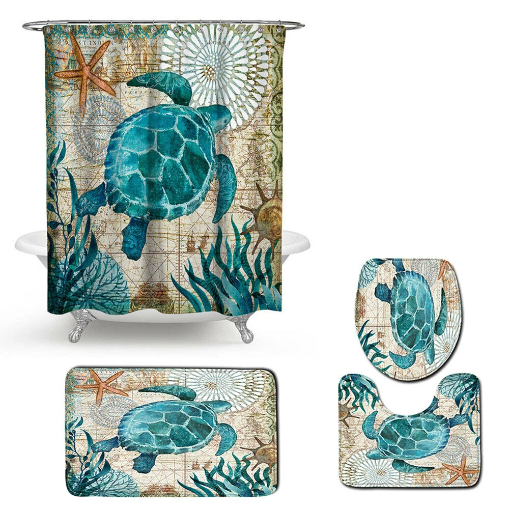 4PCS/Set Turtles Bathroom Non-Slip Shower Curtain+Rug+Lid Toilet Cover+Bath Mat