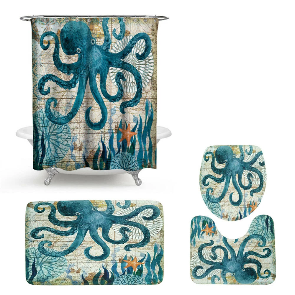 4PCS/Set Turtles Bathroom Non-Slip Shower Curtain+Rug+Lid Toilet Cover+Bath Mat
