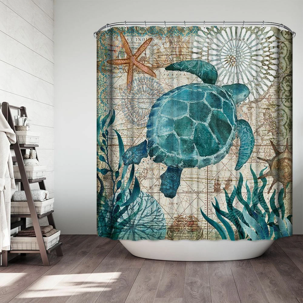 4PCS/Set Turtles Bathroom Non-Slip Shower Curtain+Rug+Lid Toilet Cover+Bath Mat