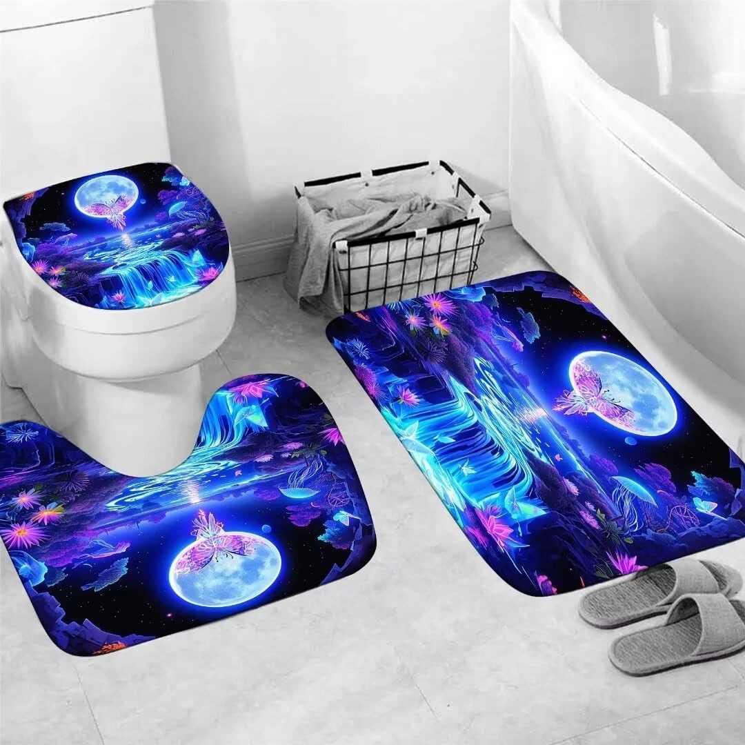 4PCS Shiny Butterfly Moon Shower Curtain Bathroom Set with Rugs,Lid Cover and...