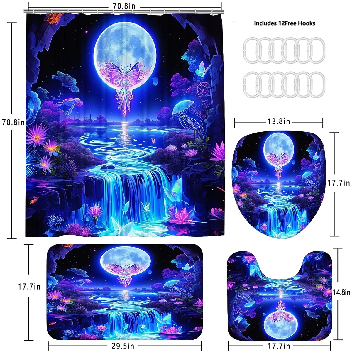 4PCS Shiny Butterfly Moon Shower Curtain Bathroom Set with Rugs,Lid Cover and...