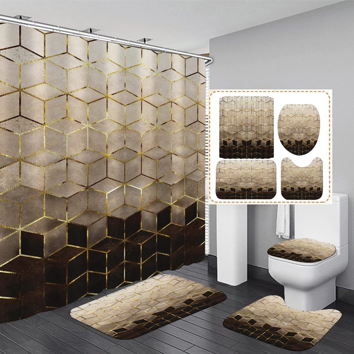 4Pcs Shower Curtain Set Brown Geometric Waterproof 12 Hooks Bath Mat & Lid Cover