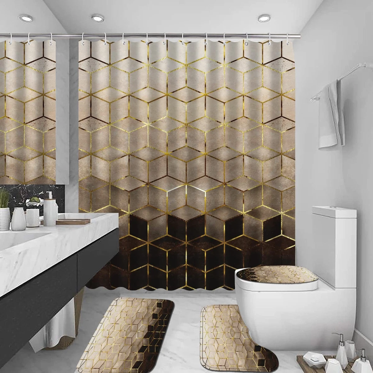 4Pcs Shower Curtain Set Brown Geometric Waterproof 12 Hooks Bath Mat & Lid Cover