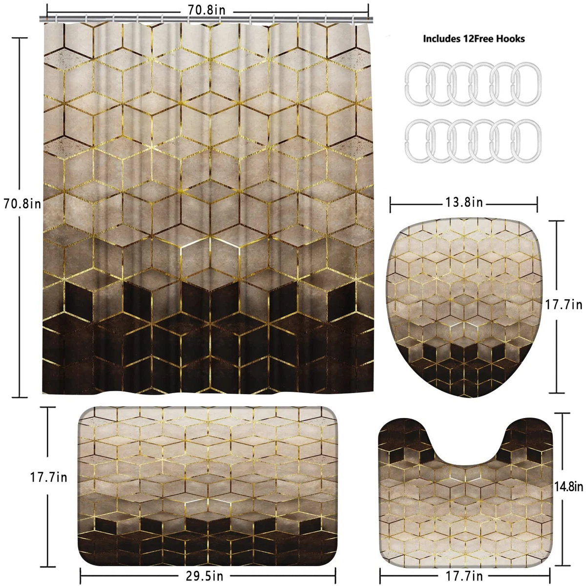 4Pcs Shower Curtain Set Brown Geometric Waterproof 12 Hooks Bath Mat & Lid Cover