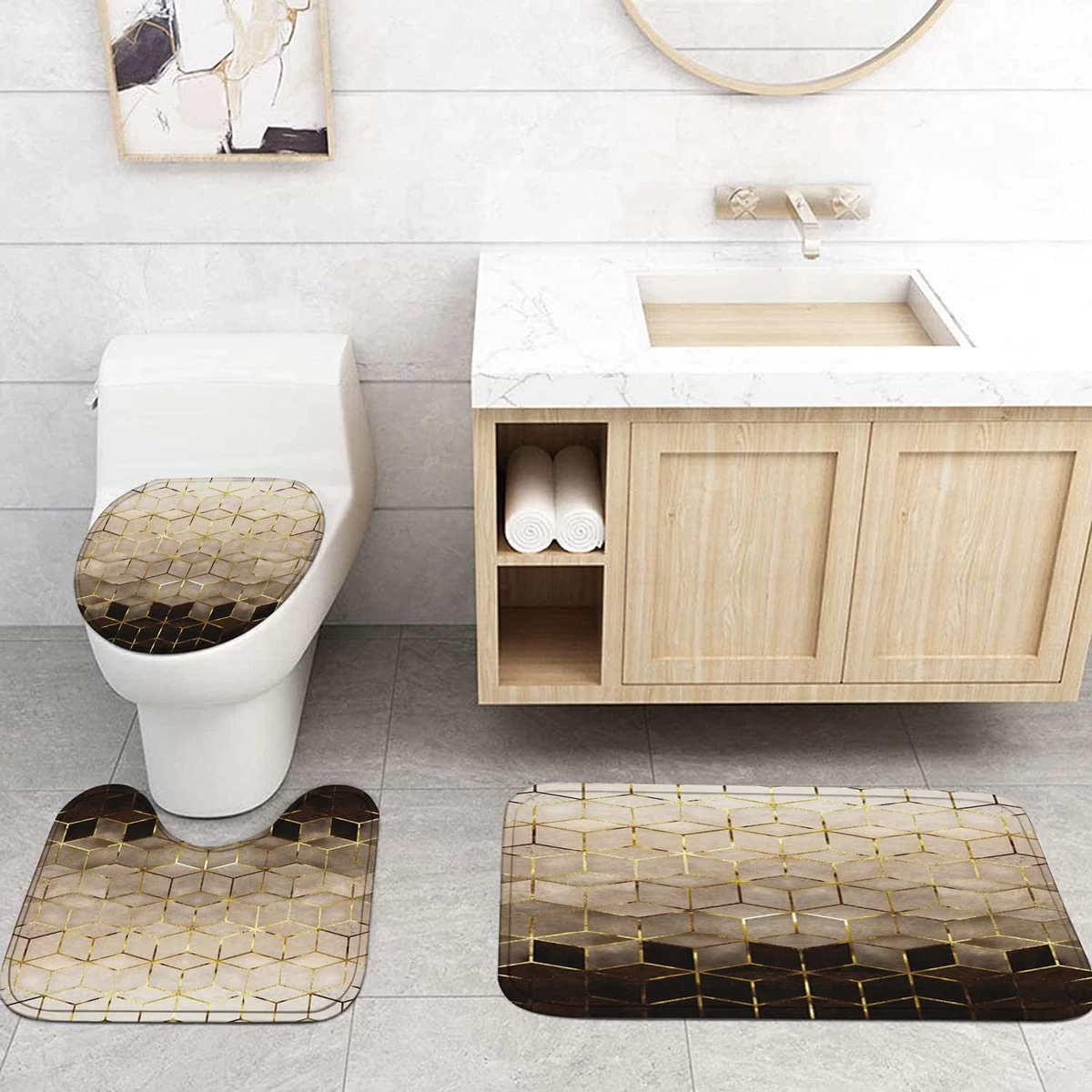 4Pcs Shower Curtain Set Brown Geometric Waterproof 12 Hooks Bath Mat & Lid Cover