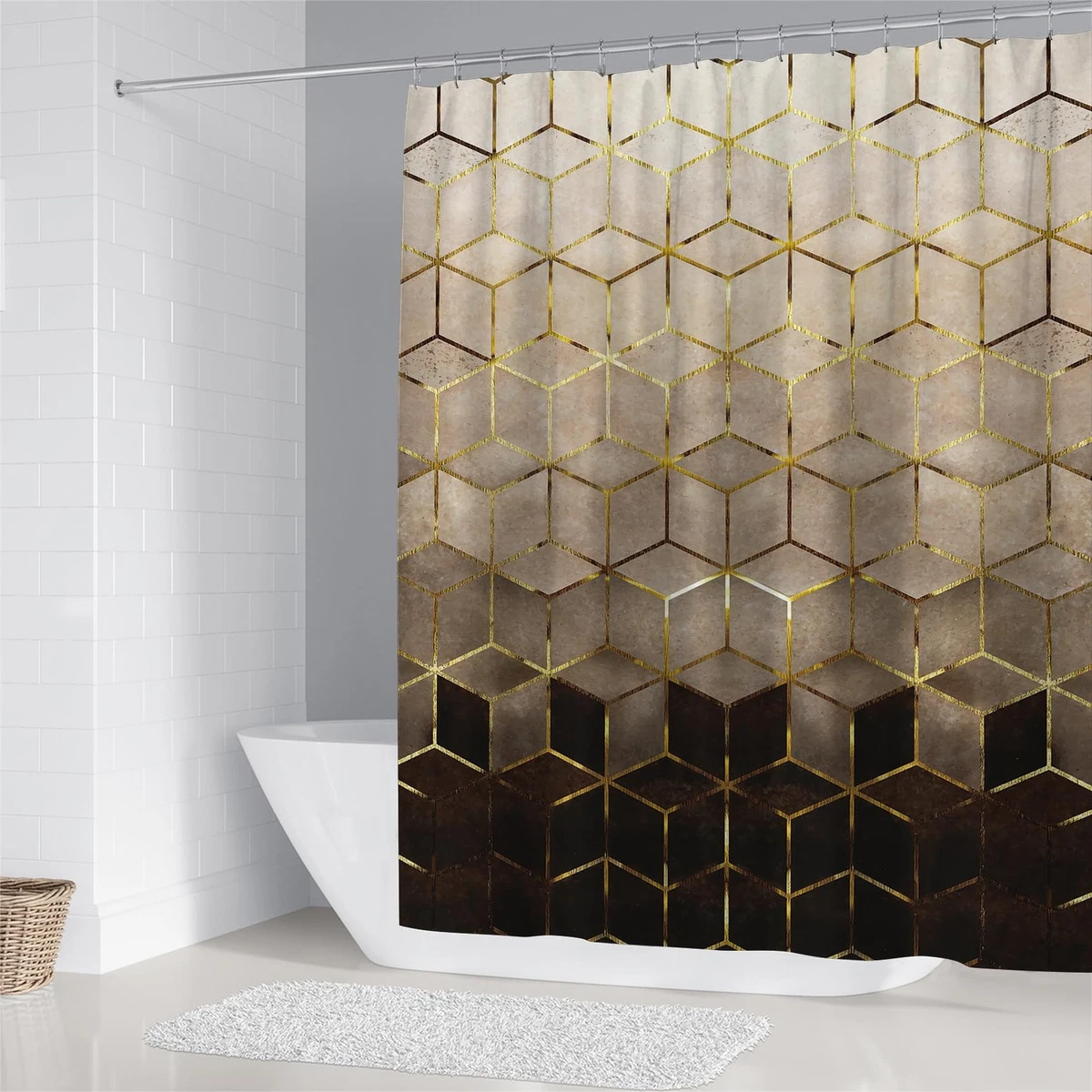4Pcs Shower Curtain Set Brown Geometric Waterproof 12 Hooks Bath Mat & Lid Cover