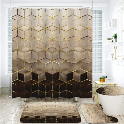 4Pcs Shower Curtain Set Brown Geometric Waterproof 12 Hooks Bath Mat & Lid Cover