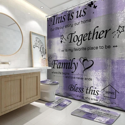 4Pcs Shower Curtain Set with Toilet Lid Cover and Non-Slip Rugs for Bathroom,Pur