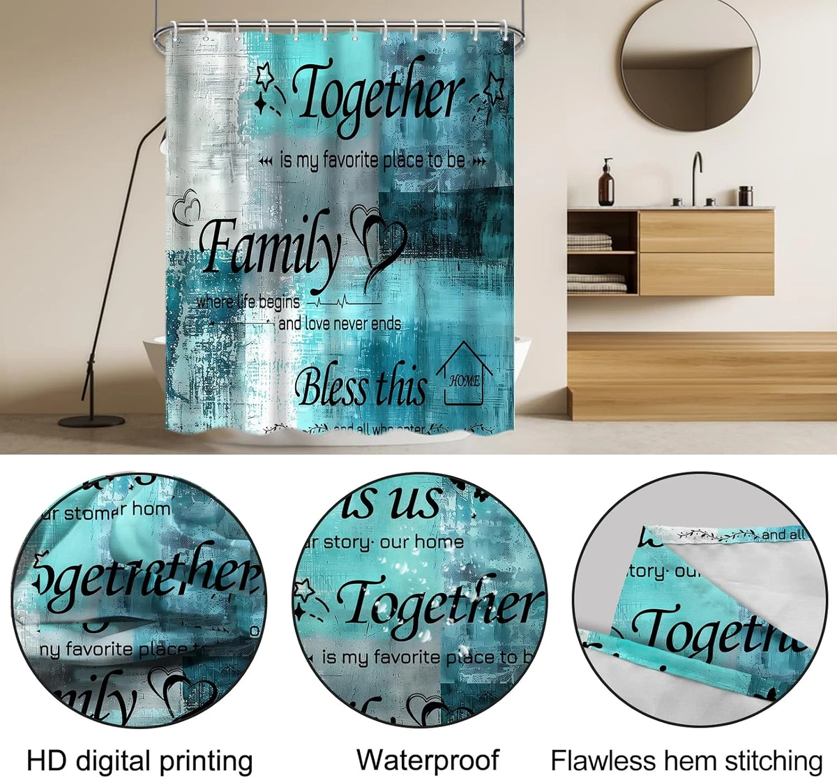 4Pcs Shower Curtain Set with Toilet Lid Cover and Non-Slip Rugs for Bathroom,Tur