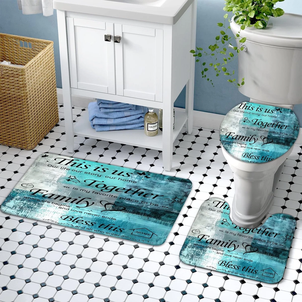 4Pcs Shower Curtain Set with Toilet Lid Cover and Non-Slip Rugs for Bathroom,Tur
