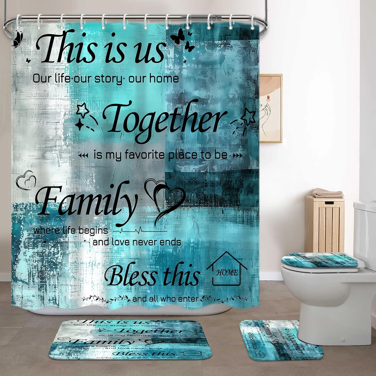 4Pcs Shower Curtain Set with Toilet Lid Cover and Non-Slip Rugs for Bathroom,Tur