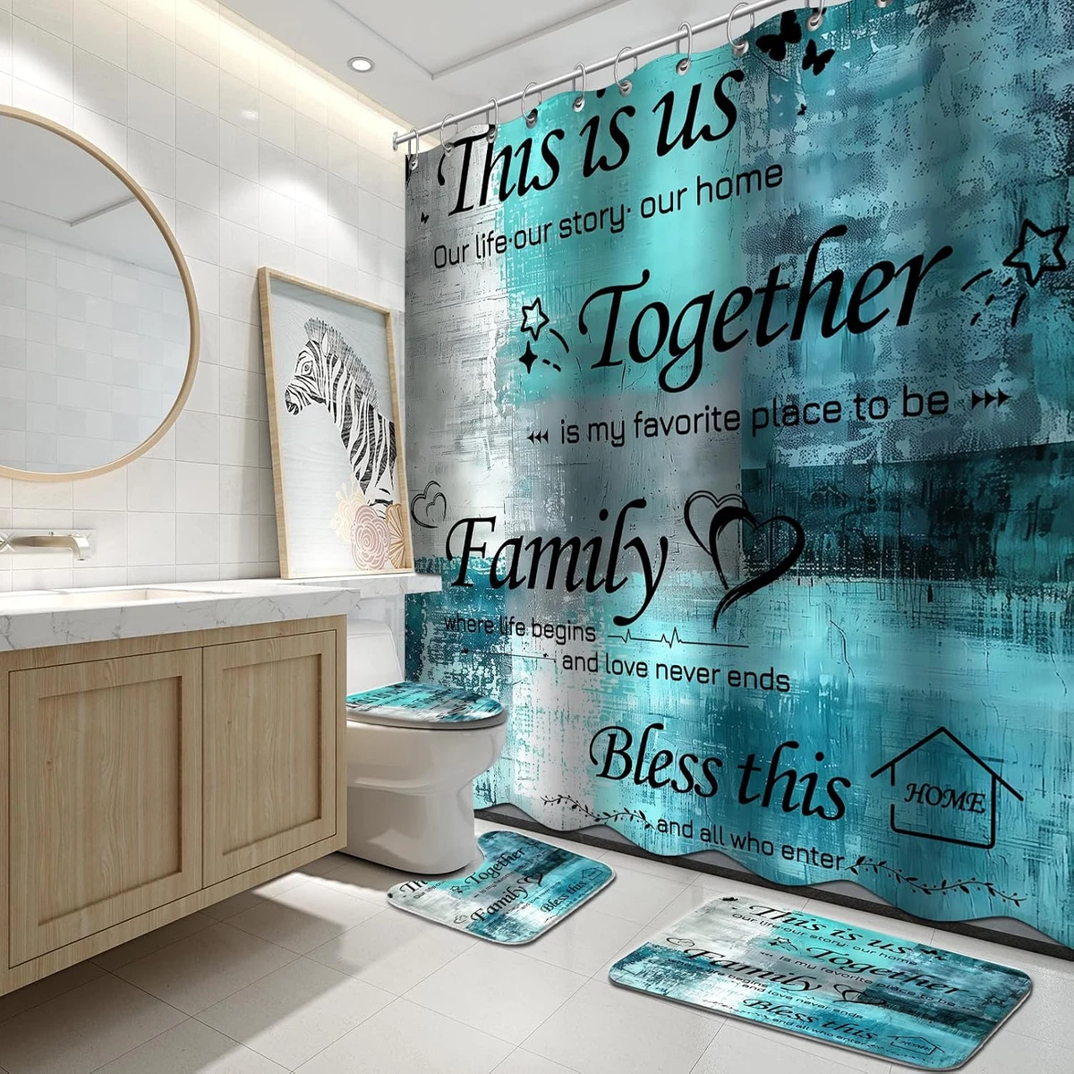 4Pcs Shower Curtain Set with Toilet Lid Cover and Non-Slip Rugs for Bathroom,Tur