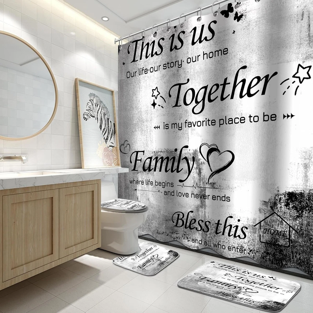 4Pcs Shower Curtain Set with Toilet Lid Cover and Non-Slip Rugs for Bathroom,...